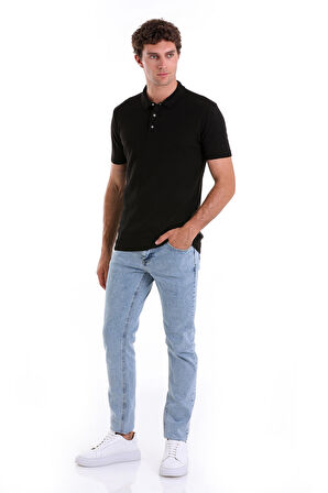 Siyah Regular Fit Düz Pamuklu Polo Yaka Triko Tişört