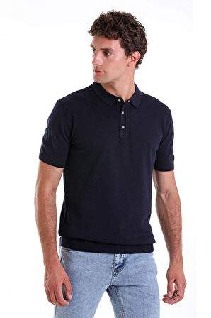 Lacivert Regular Fit Düz Pamuklu Polo Yaka Triko Tişört