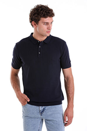 Lacivert Regular Fit Düz Pamuklu Polo Yaka Triko Tişört