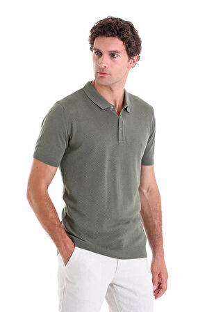 Haki Regular Fit Düz Pamuklu Polo Yaka Triko Tişört