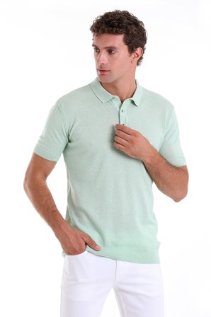 Su Yeşili Regular Fit Düz Pamuklu Polo Yaka Triko Tişört