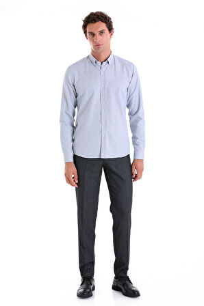 Gri Comfort Fit Düz Pamuklu Düğmeli Yaka Uzun Kollu Oxford Gömlek