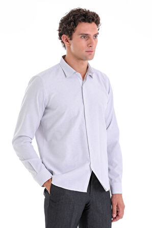Gri K. Comfort Fit Çizgili Pamuklu Slim Yaka Uzun Kollu Spor Gömlek