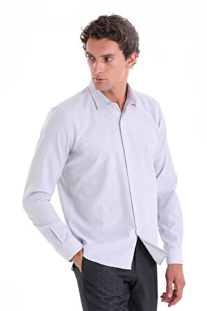 Gri K. Comfort Fit Çizgili Pamuklu Slim Yaka Uzun Kollu Spor Gömlek