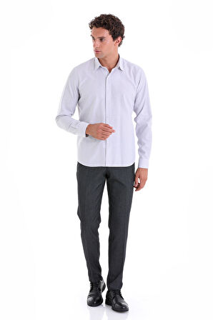 Gri K. Comfort Fit Çizgili Pamuklu Slim Yaka Uzun Kollu Spor Gömlek