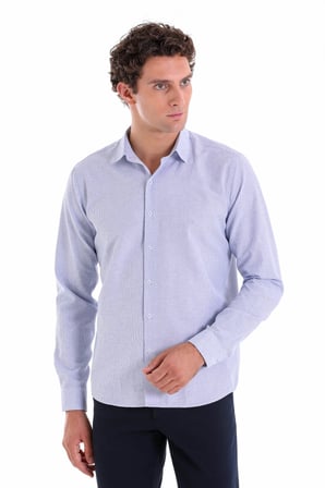 LACİVERT K. Comfort Fit Çizgili Pamuklu Slim Yaka Uzun Kollu Spor Gömlek