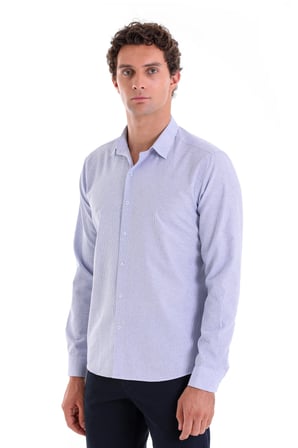 LACİVERT K. Comfort Fit Çizgili Pamuklu Slim Yaka Uzun Kollu Spor Gömlek