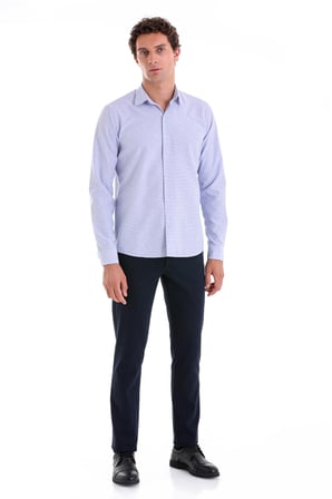 LACİVERT K. Comfort Fit Çizgili Pamuklu Slim Yaka Uzun Kollu Spor Gömlek
