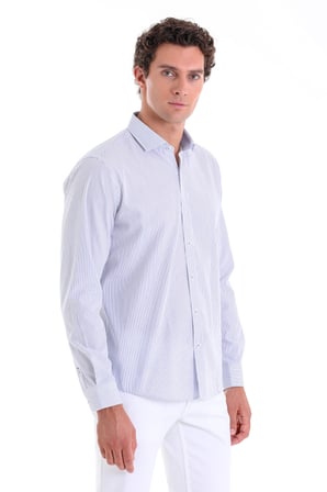 Lacivert Ç. Comfort Fit Düz 100% Pamuk Açık İtalyan Yaka Uzun Kollu Spor Gömlek