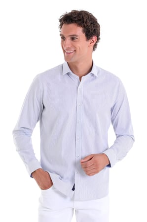 Lacivert Ç. Comfort Fit Düz 100% Pamuk Açık İtalyan Yaka Uzun Kollu Spor Gömlek