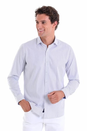 Lacivert Ç. Comfort Fit Düz 100% Pamuk Açık İtalyan Yaka Uzun Kollu Spor Gömlek