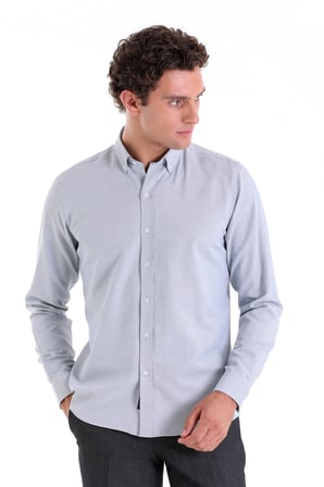 Gri Comfort Fit Düz Pamuklu Düğmeli Yaka Uzun Kollu Oxford Gömlek