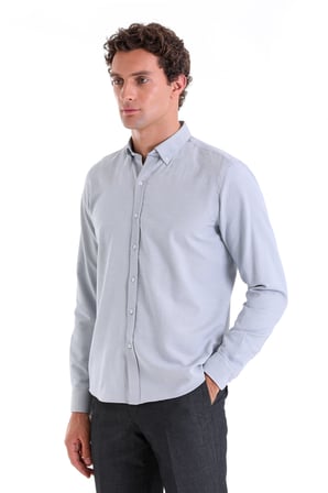 Gri Comfort Fit Düz Pamuklu Düğmeli Yaka Uzun Kollu Oxford Gömlek