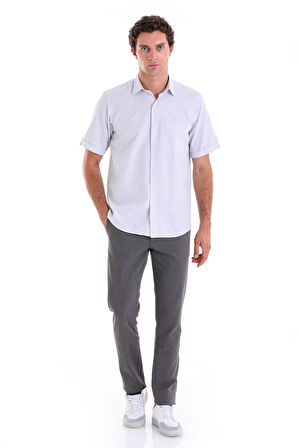 Gri K. Comfort Fit Kareli Pamuklu Slim Yaka Kısa Kol Klasik Gömlek