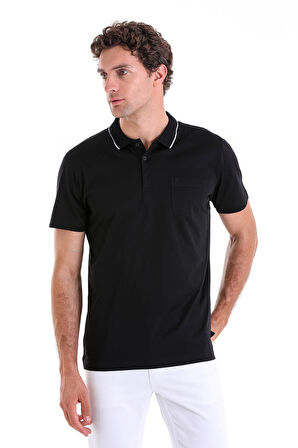 Siyah Regular Fit Düz 100% Pamuk Polo Yaka Tişört