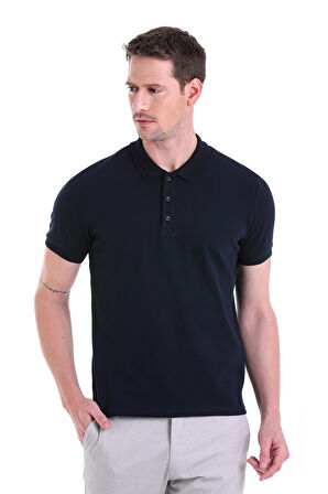 Lacivert Petek Desenli Regular Fit 100% Pamuk Polo Yaka Tişört
