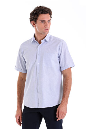 Lacivert Ç. Comfort Fit Kareli Pamuklu Slim Yaka Kısa Kol Klasik Gömlek