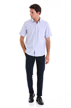 Lacivert Ç. Comfort Fit Kareli Pamuklu Slim Yaka Kısa Kol Klasik Gömlek