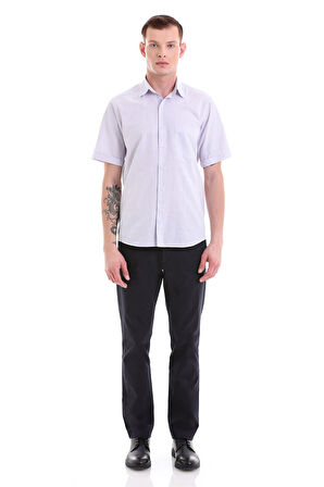 Lila Comfort Fit Kareli Pamuklu Slim Yaka Kısa Kollu Klasik Gömlek | M