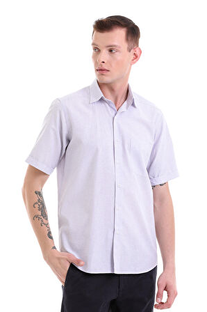 Lila Comfort Fit Kareli Pamuklu Slim Yaka Kısa Kollu Klasik Gömlek | M