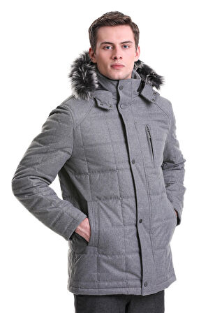 Gri Slim Fit Hakim Yaka Kürklü Kapüşonlu Kaban | M