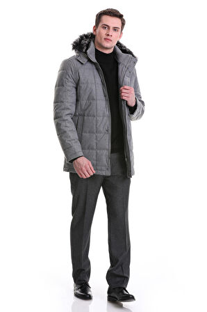Gri Slim Fit Hakim Yaka Kürklü Kapüşonlu Kaban | M