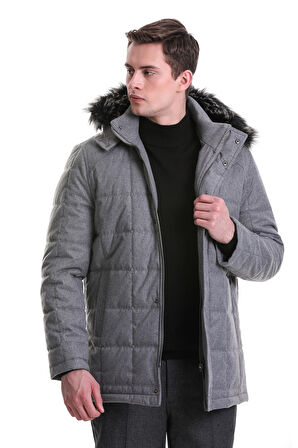 Gri Slim Fit Hakim Yaka Kürklü Kapüşonlu Kaban | M