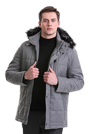 Gri Slim Fit Hakim Yaka Kürklü Kapüşonlu Kaban | M