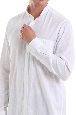 Beyaz Comfort Fit Düz 100% Pamuk Hakim Yaka Uzun Kollu Spor Gömlek