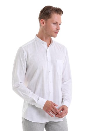 Beyaz Comfort Fit Düz 100% Pamuk Hakim Yaka Uzun Kollu Spor Gömlek