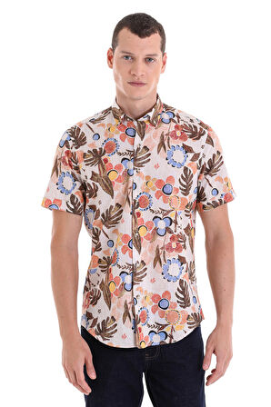 Kahverengi Comfort Fit Baskılı Düğmeli Yaka 100% Pamuklu Kısa Kollu Casual  Gömlek | M