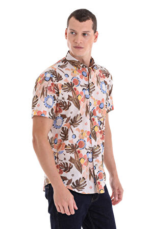 Kahverengi Comfort Fit Baskılı Düğmeli Yaka 100% Pamuklu Kısa Kollu Casual  Gömlek | M