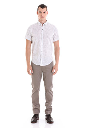 Gri Comfort Fit Baskılı Düğmeli Yaka 100% Pamuklu Kısa Kollu Casual  Gömlek | S