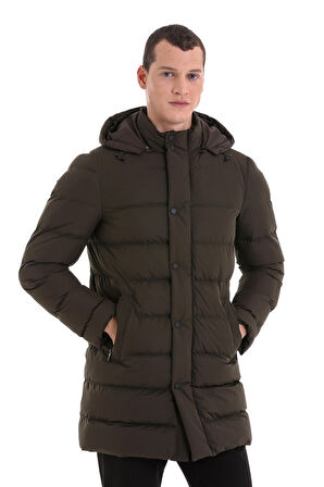 Haki Slim Fit Hakim Yaka Kapüşonlu Kaban | L