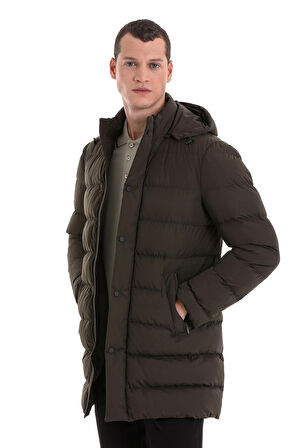 Haki Slim Fit Hakim Yaka Kapüşonlu Kaban | L