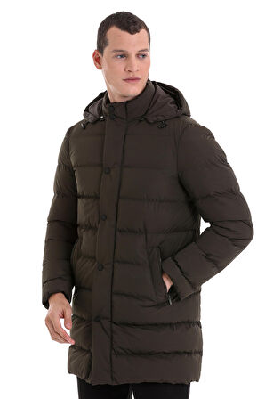 Haki Slim Fit Hakim Yaka Kapüşonlu Kaban | L