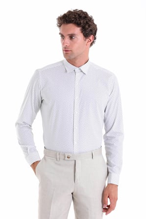 Gri B. Slim Fit Baskılı 100% Pamuk Slim Yaka Uzun Kollu Spor Gömlek