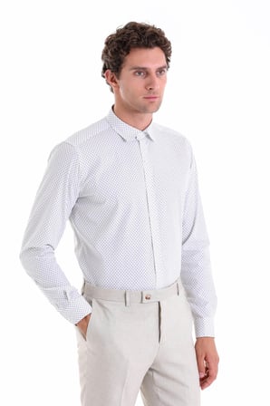 Gri B. Slim Fit Baskılı 100% Pamuk Slim Yaka Uzun Kollu Spor Gömlek