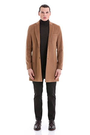 Camel Slim Fit Düz Mono Yaka Yünlü Kaşe Palto | L