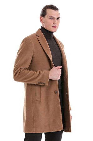 Camel Slim Fit Düz Mono Yaka Yünlü Kaşe Palto | L
