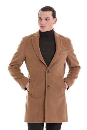 Camel Slim Fit Düz Mono Yaka Yünlü Kaşe Palto | S