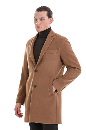 Camel Slim Fit Düz Mono Yaka Yünlü Kaşe Palto | S