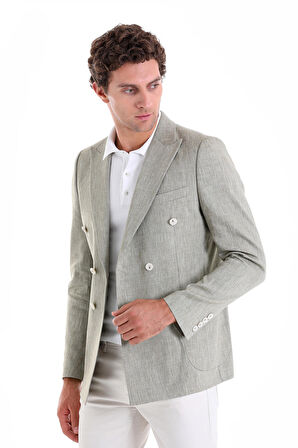 Olive Slim Fit Düz Sivri Yaka Kruvaze Keten Ceket