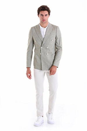 Olive Slim Fit Düz Sivri Yaka Kruvaze Keten Ceket