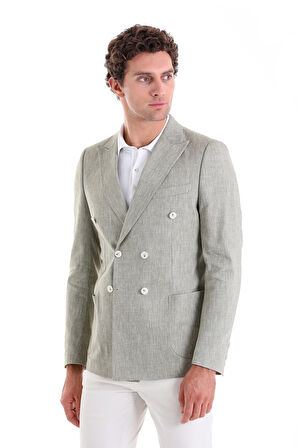 Olive Slim Fit Düz Sivri Yaka Kruvaze Keten Ceket