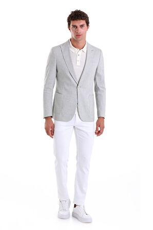 A.Yeşil Slim Fit Düz Sivri Yaka Casual Keten Ceket
