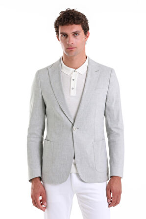A.Yeşil Slim Fit Düz Sivri Yaka Casual Keten Ceket