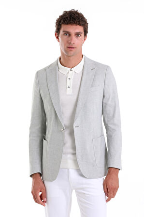 A.Yeşil Slim Fit Düz Sivri Yaka Casual Keten Ceket
