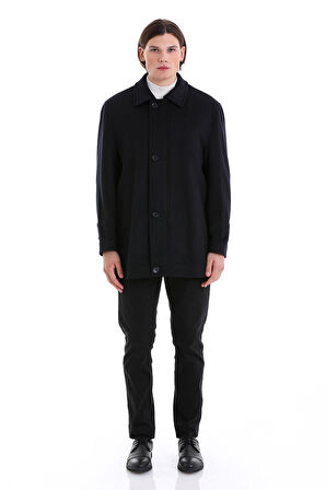 Lacivert Regular Fit Düz Bebe Yaka Yünlü Basic Kaban | XXL