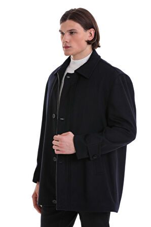 Lacivert Regular Fit Düz Bebe Yaka Yünlü Basic Kaban | XXL